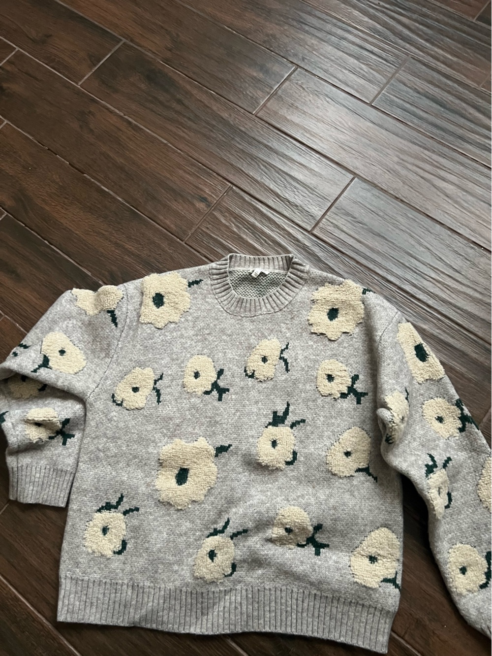 H&M Gray Crewneck Sweater with Cream Flower Appliqués